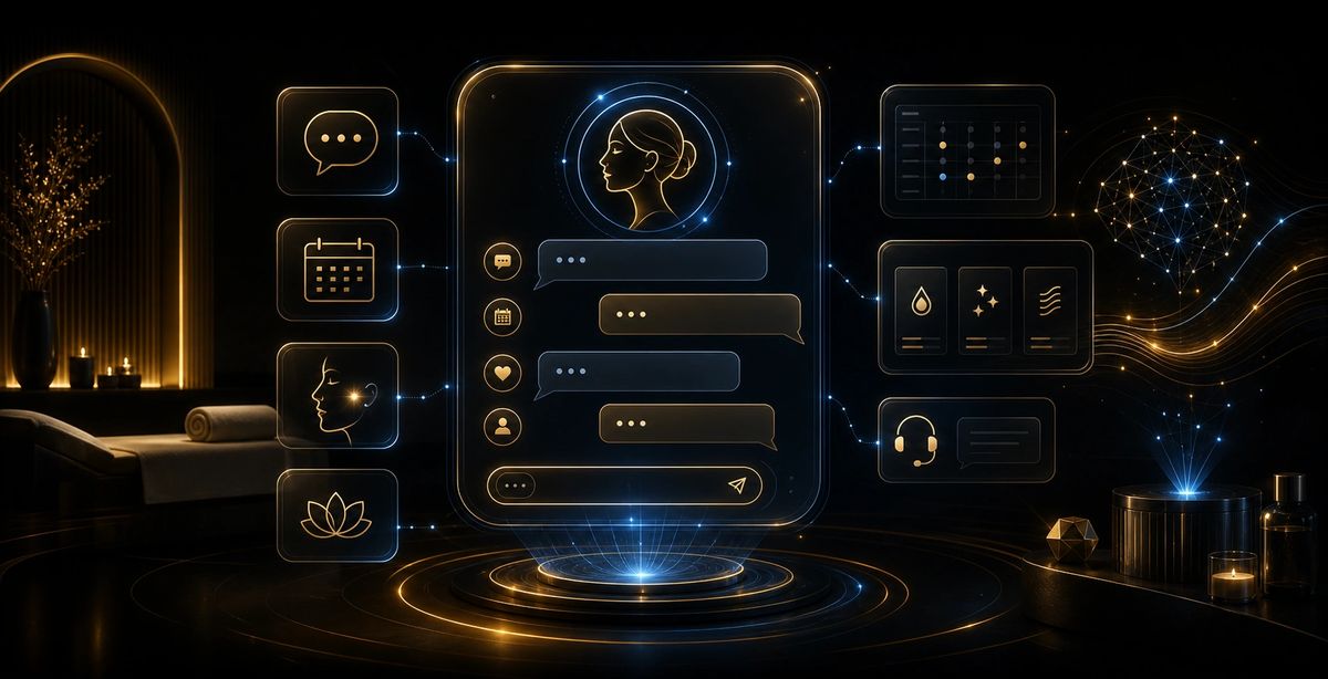 AI concierge assistant holographic interface in a spa setting