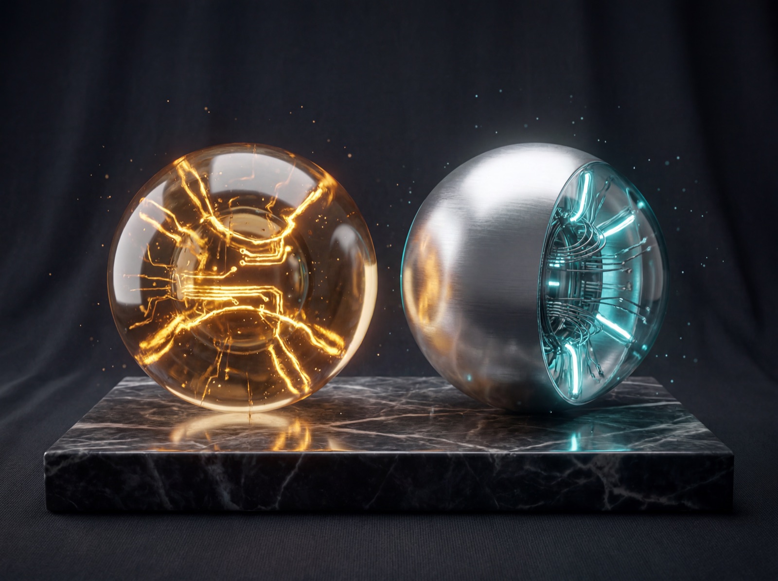 EMMA and Sophia — gold and silver AI orbs