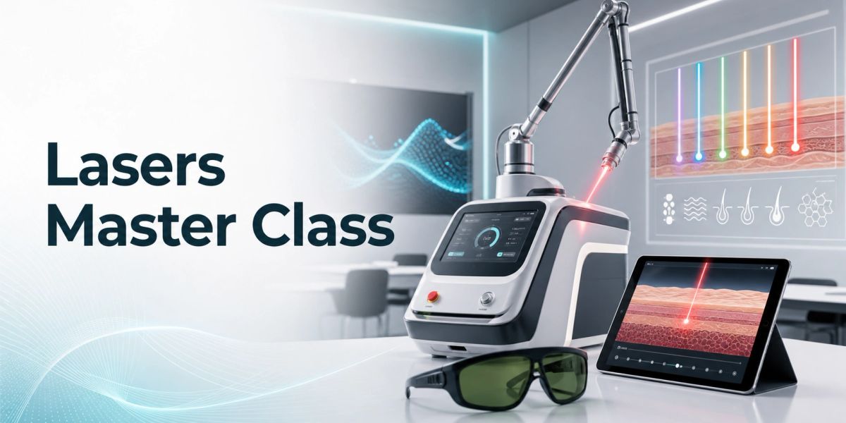 Laser master class setup with device, safety glasses, and wavelength diagrams