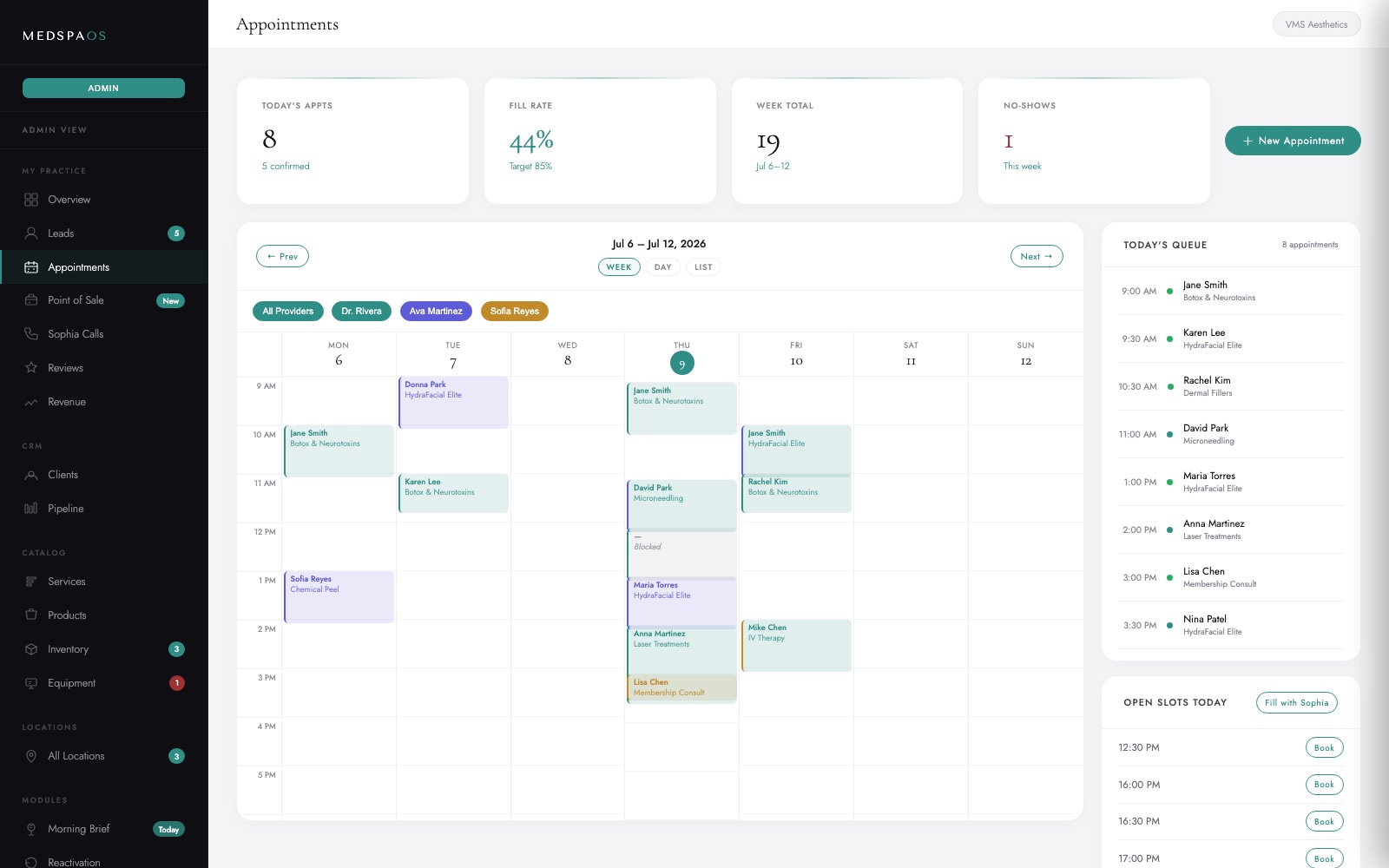 MedSpaOS appointments calendar with provider color coding and week view