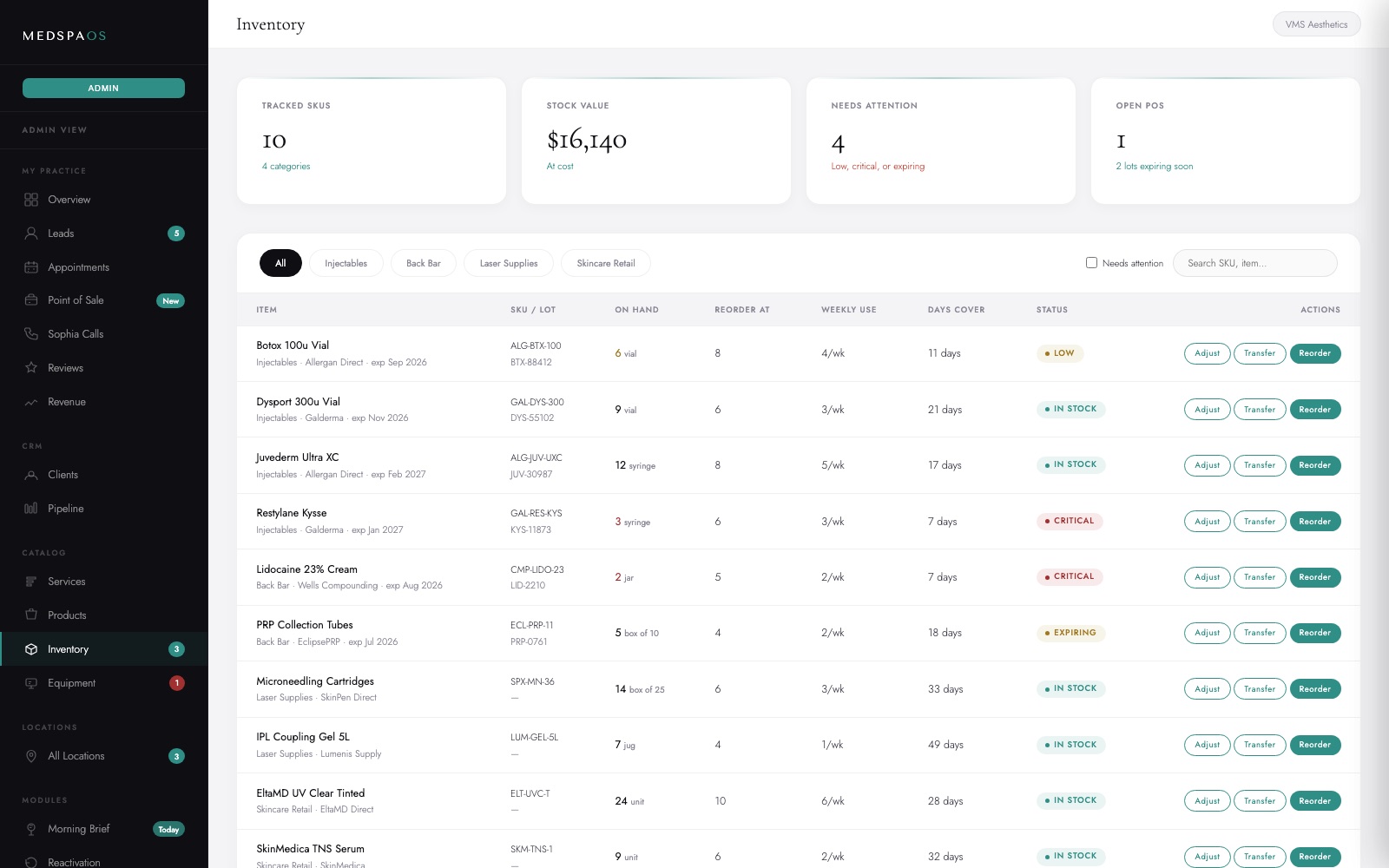 MedSpaOS inventory management with reorder alerts and purchase orders