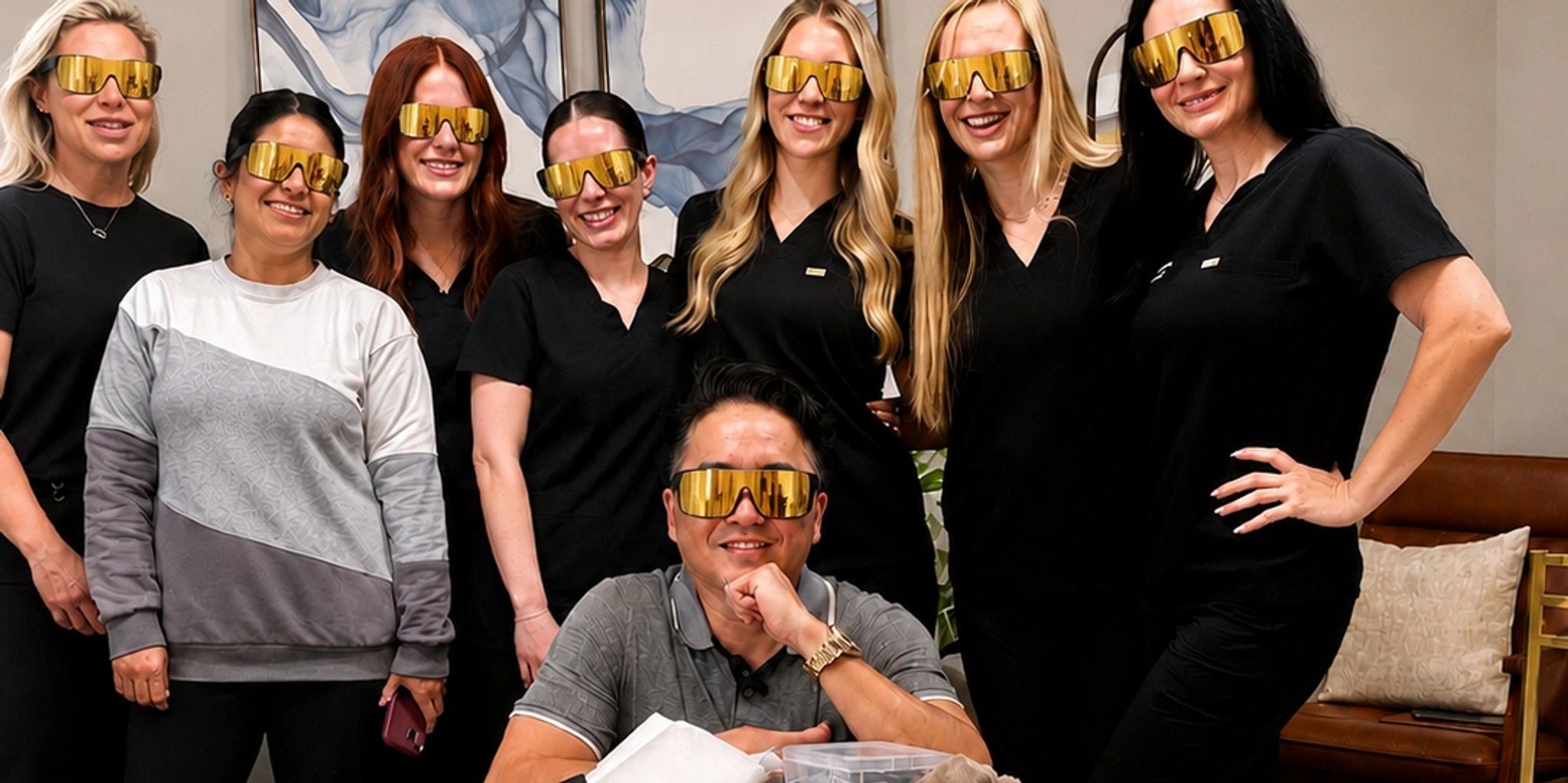 Med Spa Hackers training class — practice team wearing gold laser safety glasses with Amaury front and center